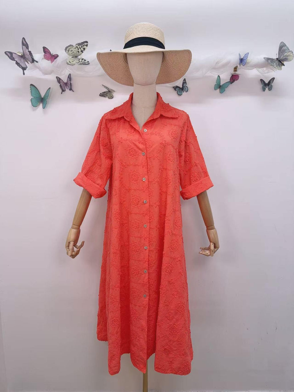 Loowie Floral Embroidered Dress in Coral