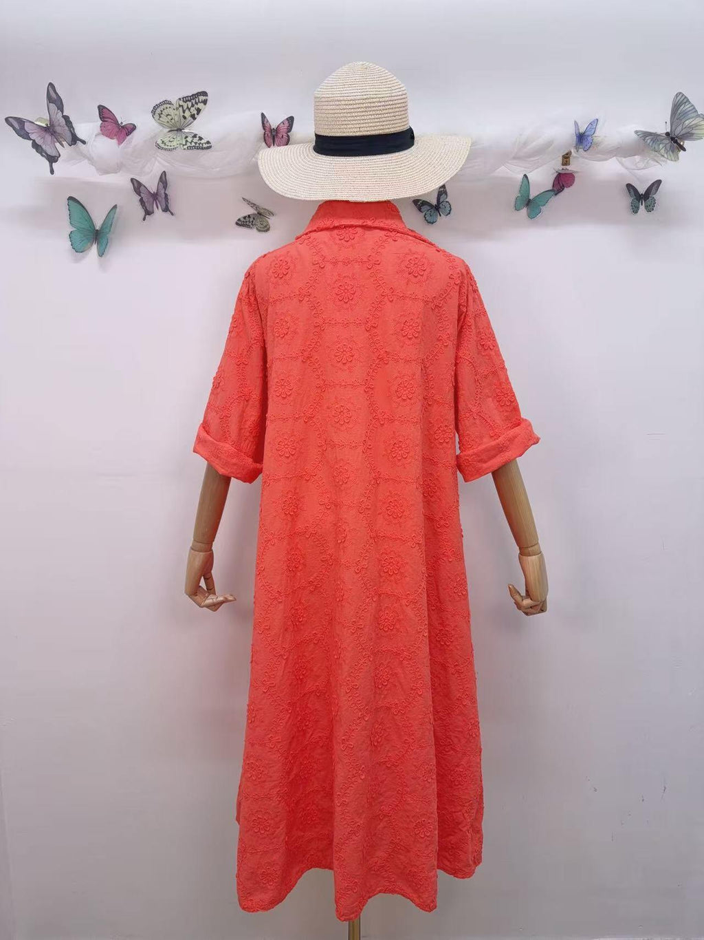 Loowie Floral Embroidered Dress in Coral