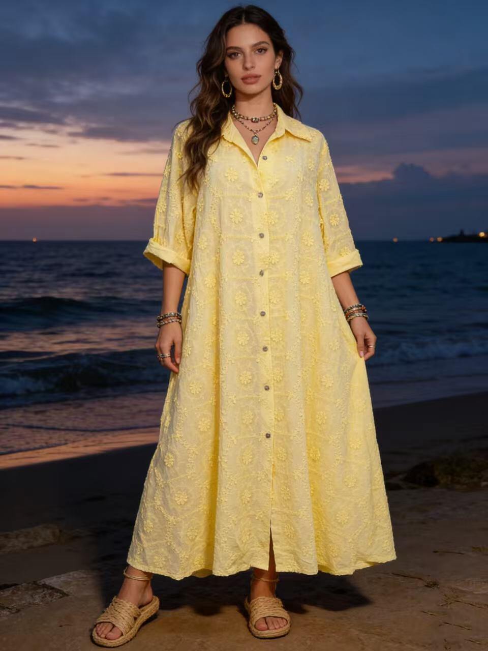 Loowie Floral Embroidered Dress in Yellow