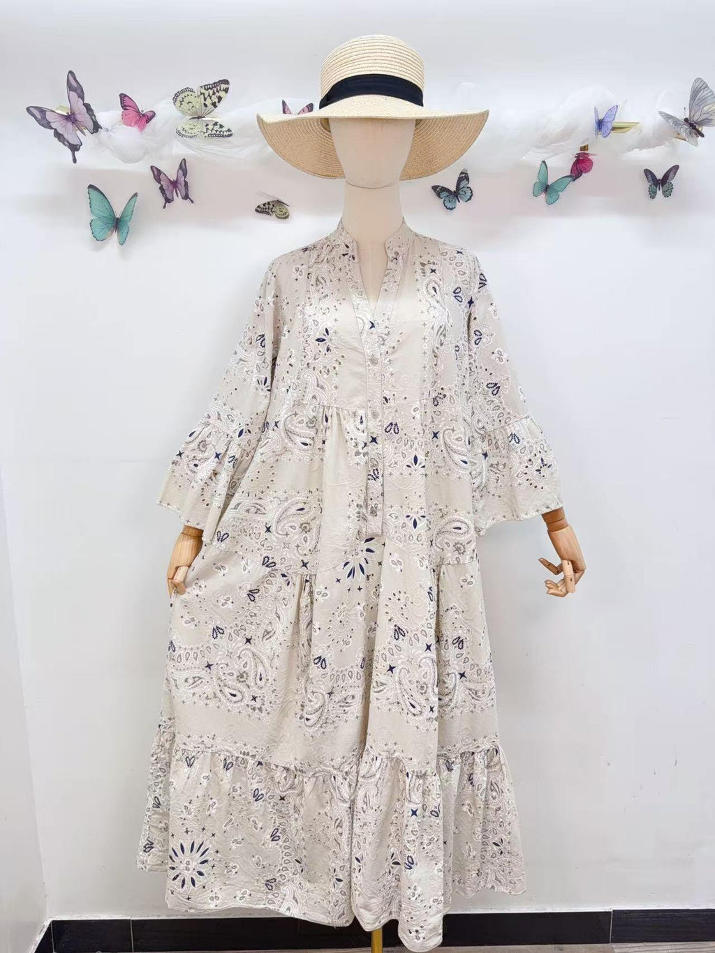 Loowie Embroidered Long Dress in Beige