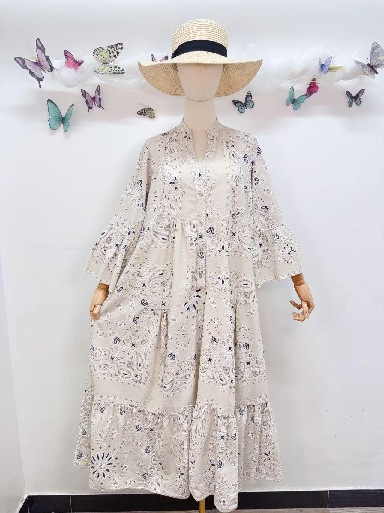 Loowie Embroidered Long Dress in Beige