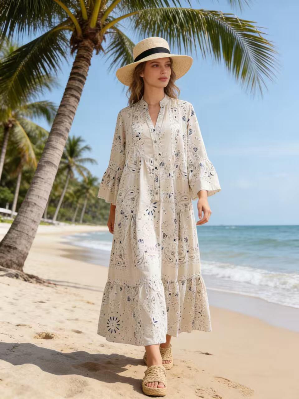 Loowie Embroidered Long Dress in Beige