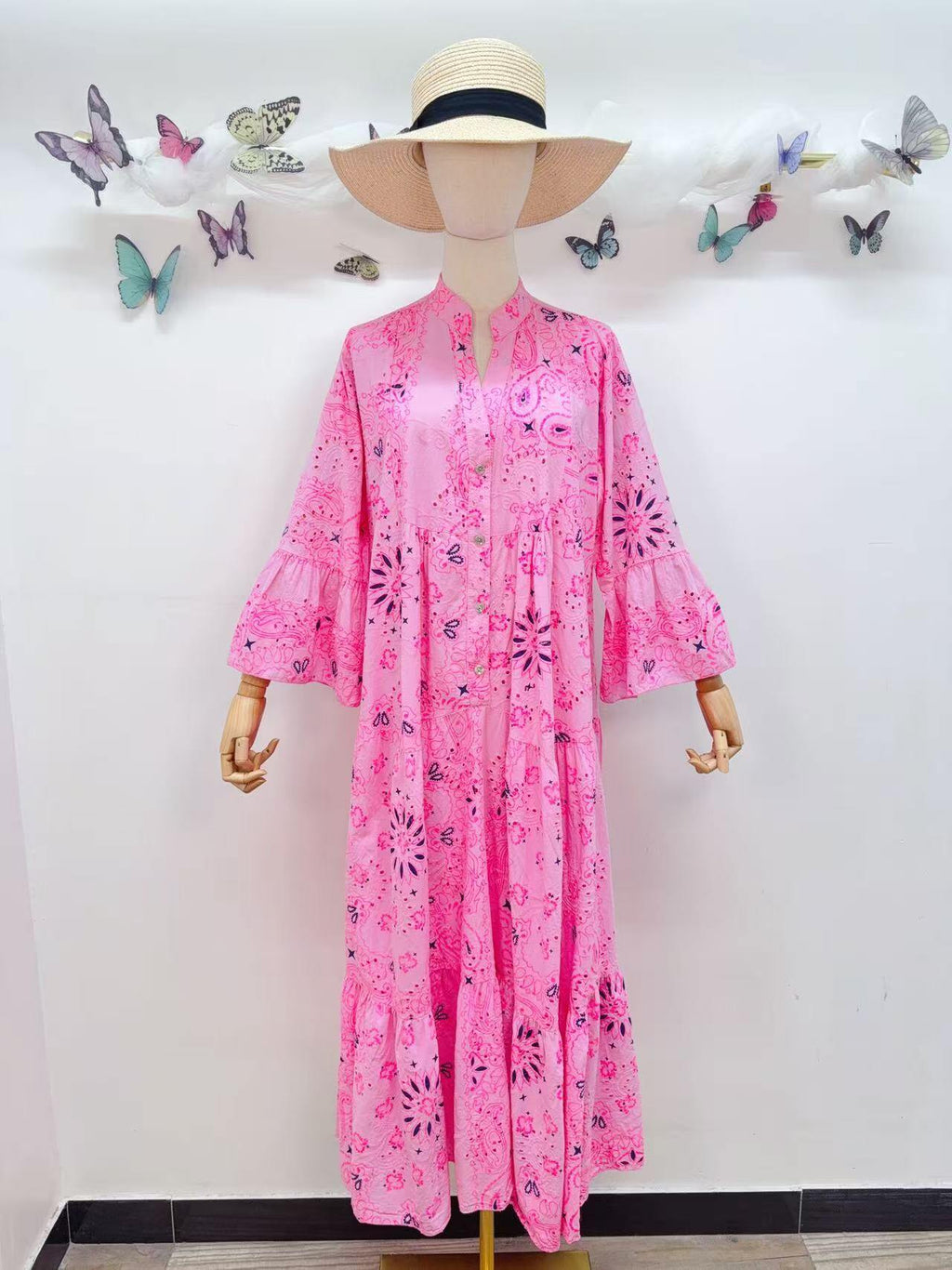 Loowie Embroidered Long Dress in Pink Flash