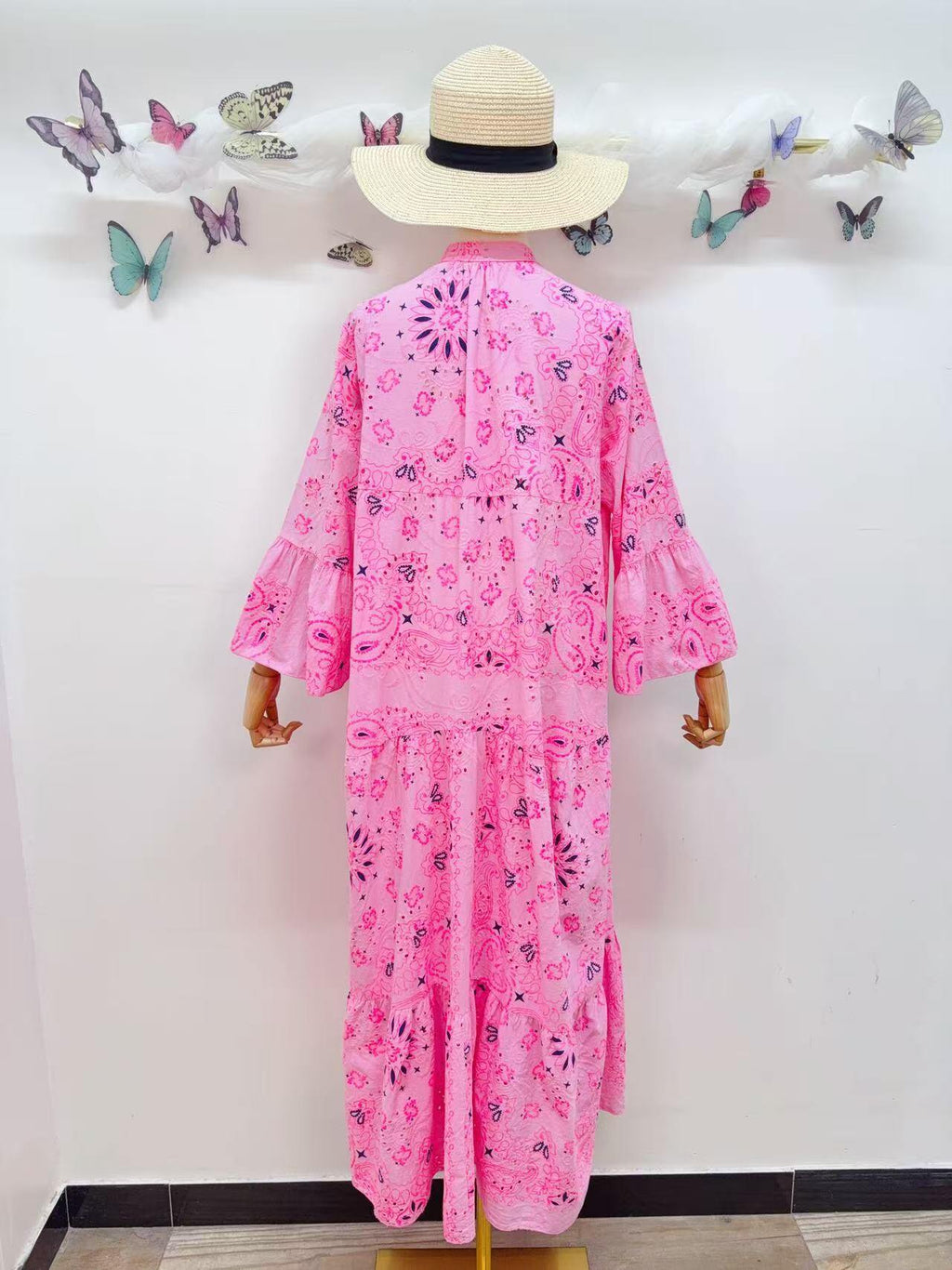 Loowie Embroidered Long Dress in Pink Flash