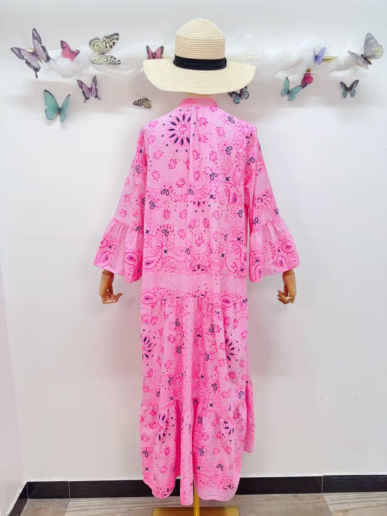 Loowie Embroidered Long Dress in Pink Flash