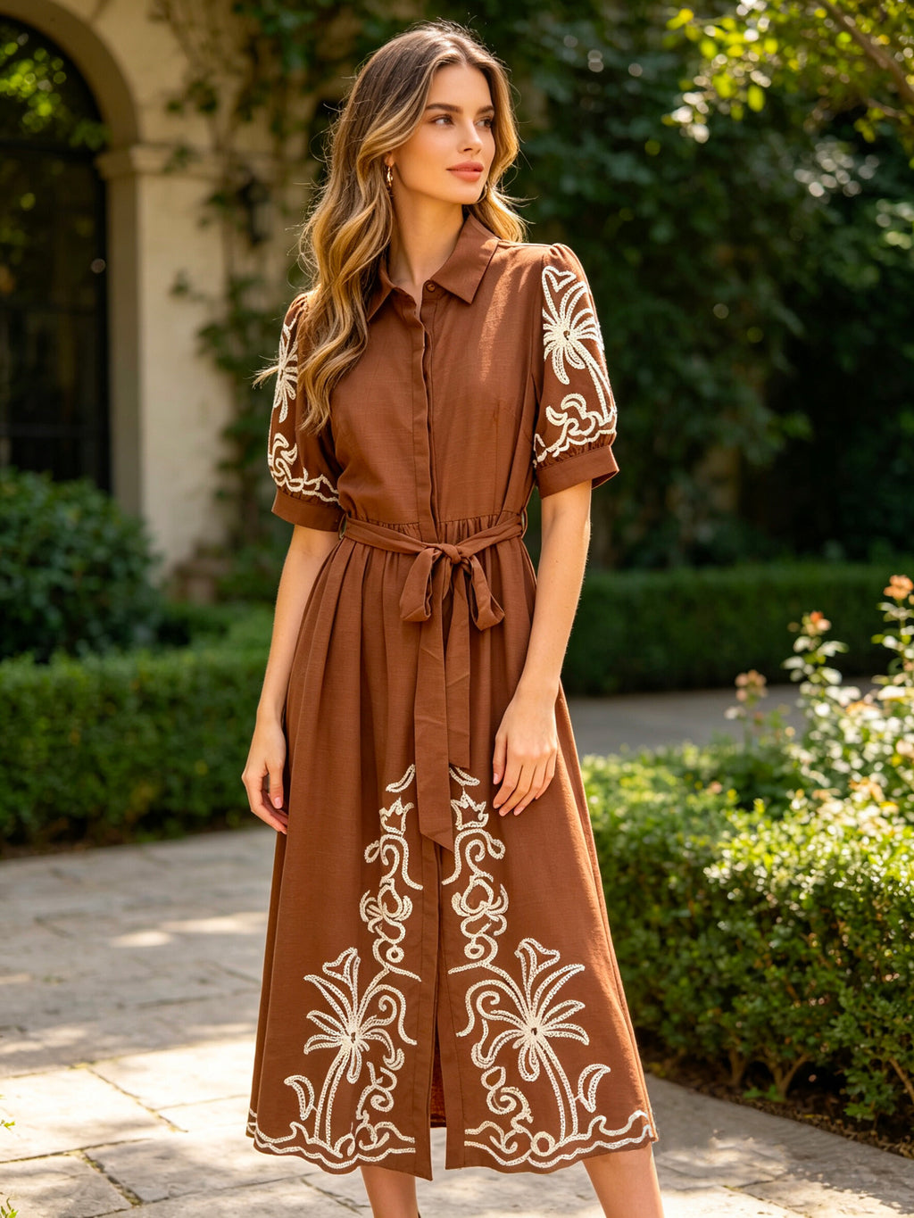 VLLEDBR Embroidered Long Dress Brown