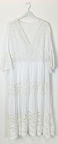 TDLLD Long Lace Dress V-Neck 3/4 Sleeves — White
