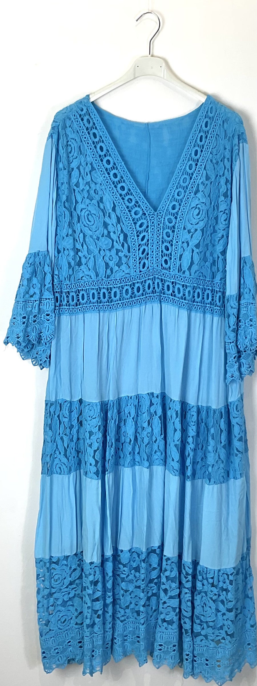 TDLLD Long Lace Dress V-Neck 3/4 Sleeves — Sky Blue