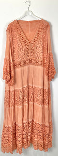 TDLLD Long Lace Dress V-Neck 3/4 Sleeves — Coral