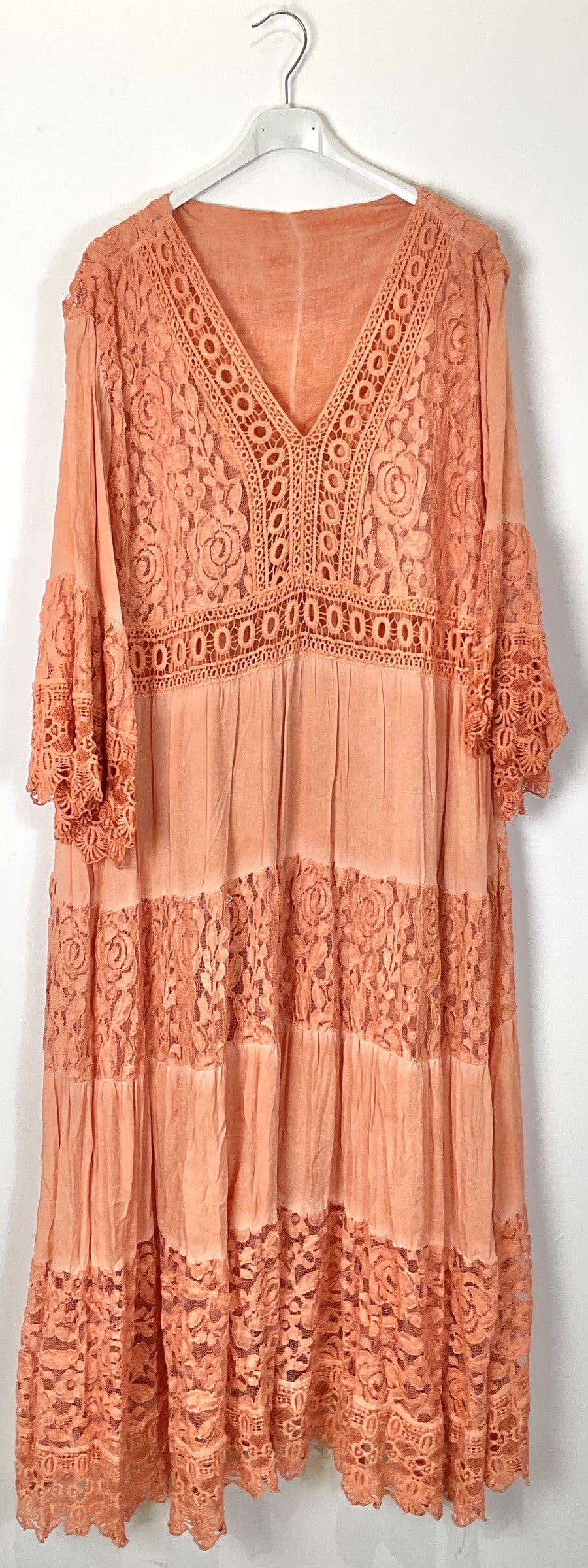 TDLLD Long Lace Dress V-Neck 3/4 Sleeves — Coral