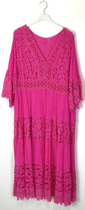 TDLLD Long Lace Dress V-Neck 3/4 Sleeves — Magenta