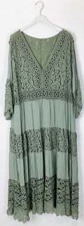 TDLLD Long Lace Dress V-Neck 3/4 Sleeves — Olive