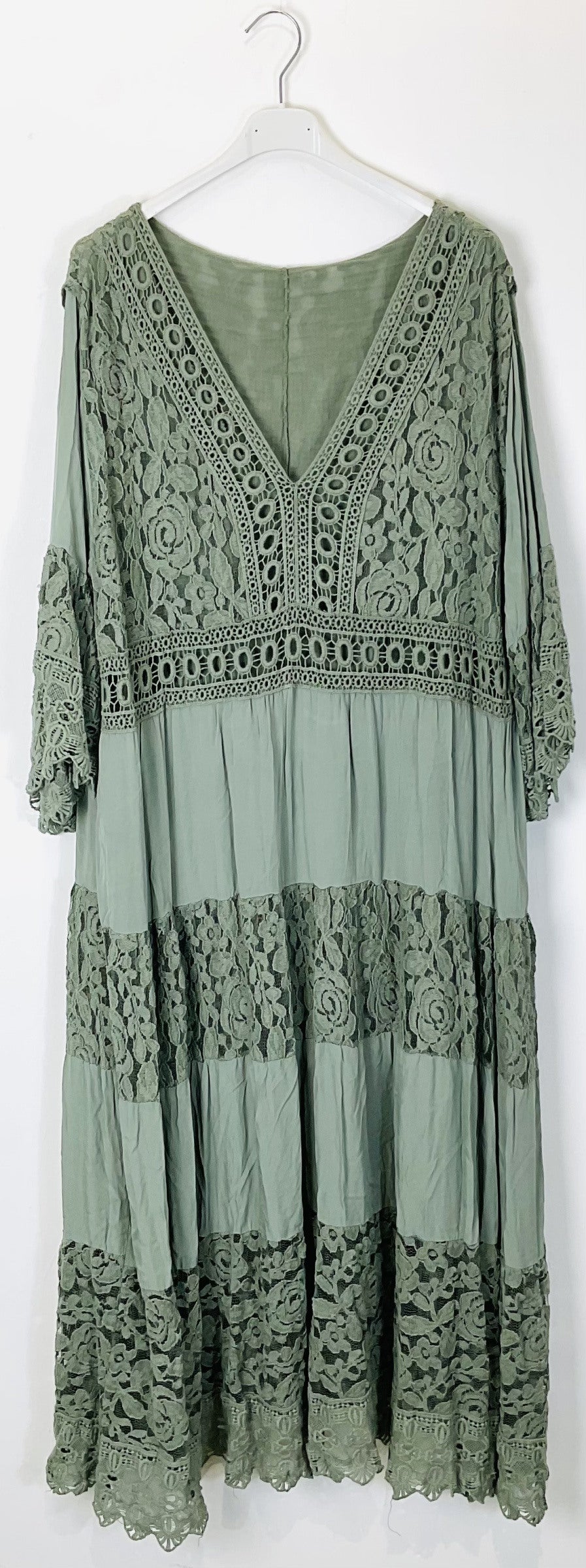 TDLLD Long Lace Dress V-Neck 3/4 Sleeves — Olive