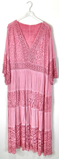 TDLLD Long Lace Dress V-Neck 3/4 Sleeves — Pink