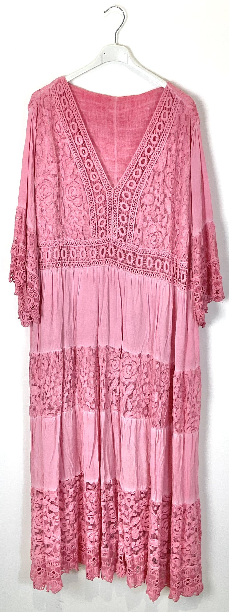 TDLLD Long Lace Dress V-Neck 3/4 Sleeves — Pink