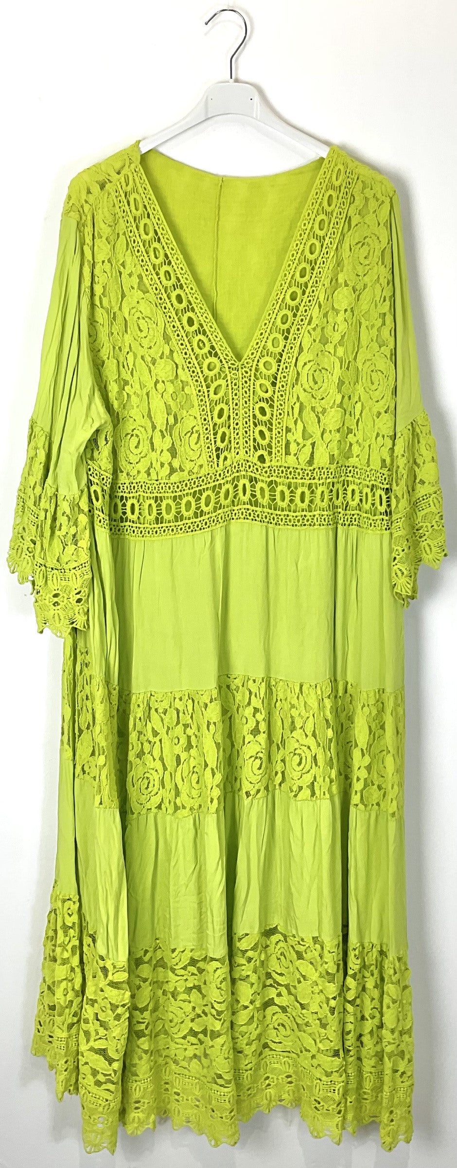 TDLLD Long Lace Dress V-Neck 3/4 Sleeves — Lime Green