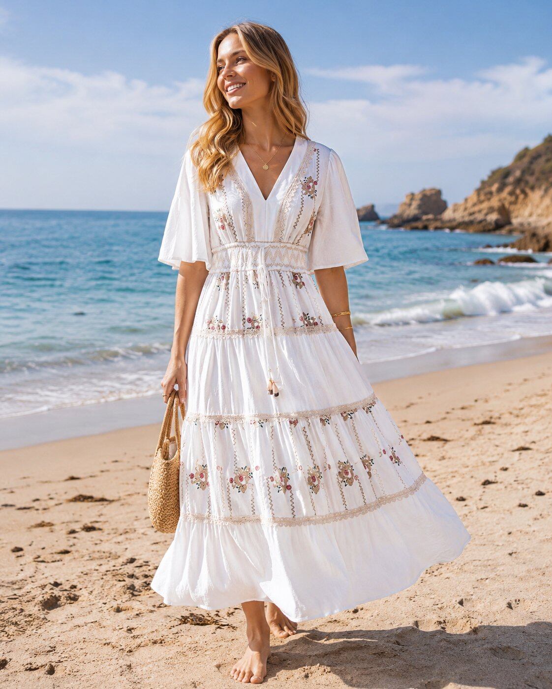 TDWEM White Embroidered Maxi Dress — White