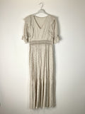 TDLED Long V-Neck Eyelet Ruffle Dress — Beige
