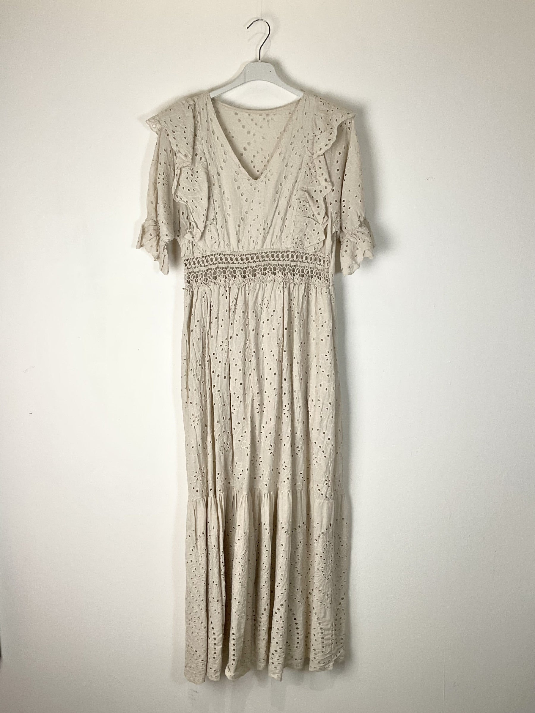 TDLED Long V-Neck Eyelet Ruffle Dress — Beige