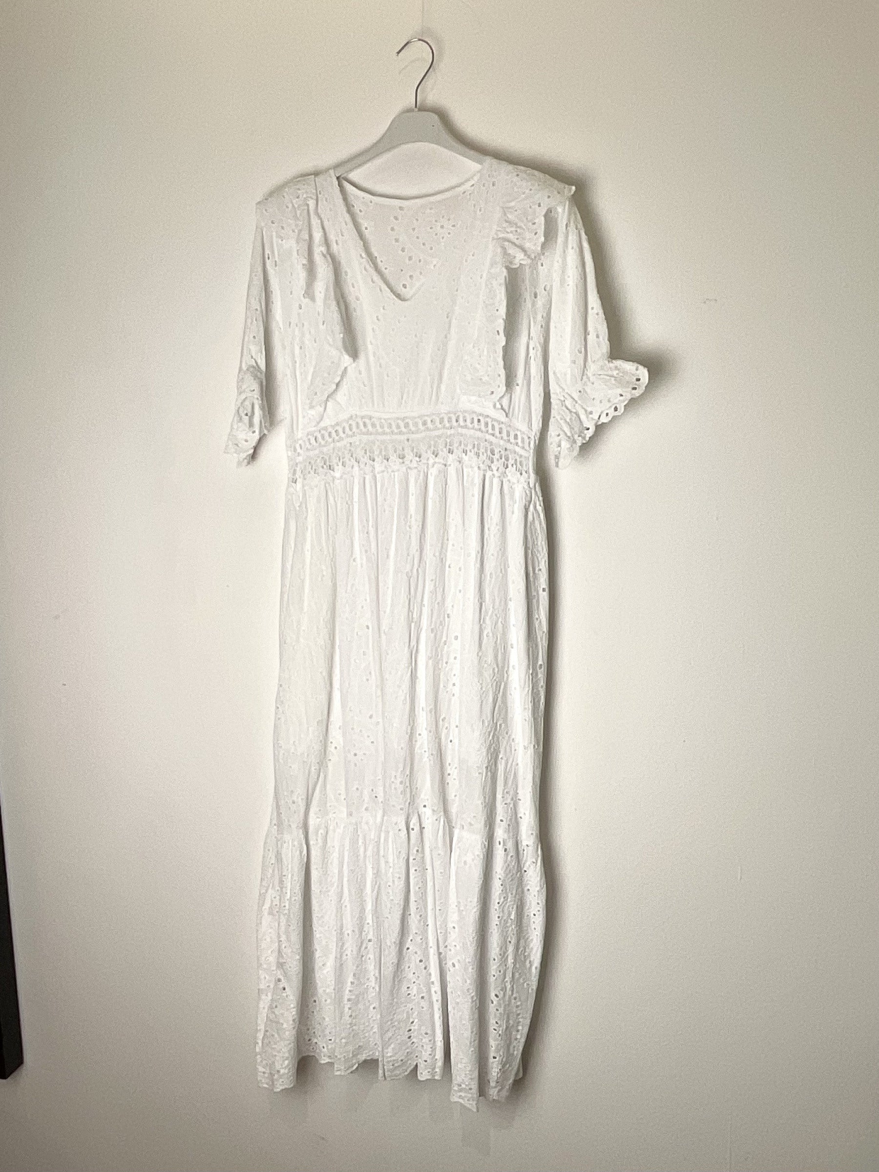 TDLED Long V-Neck Eyelet Ruffle Dress — White