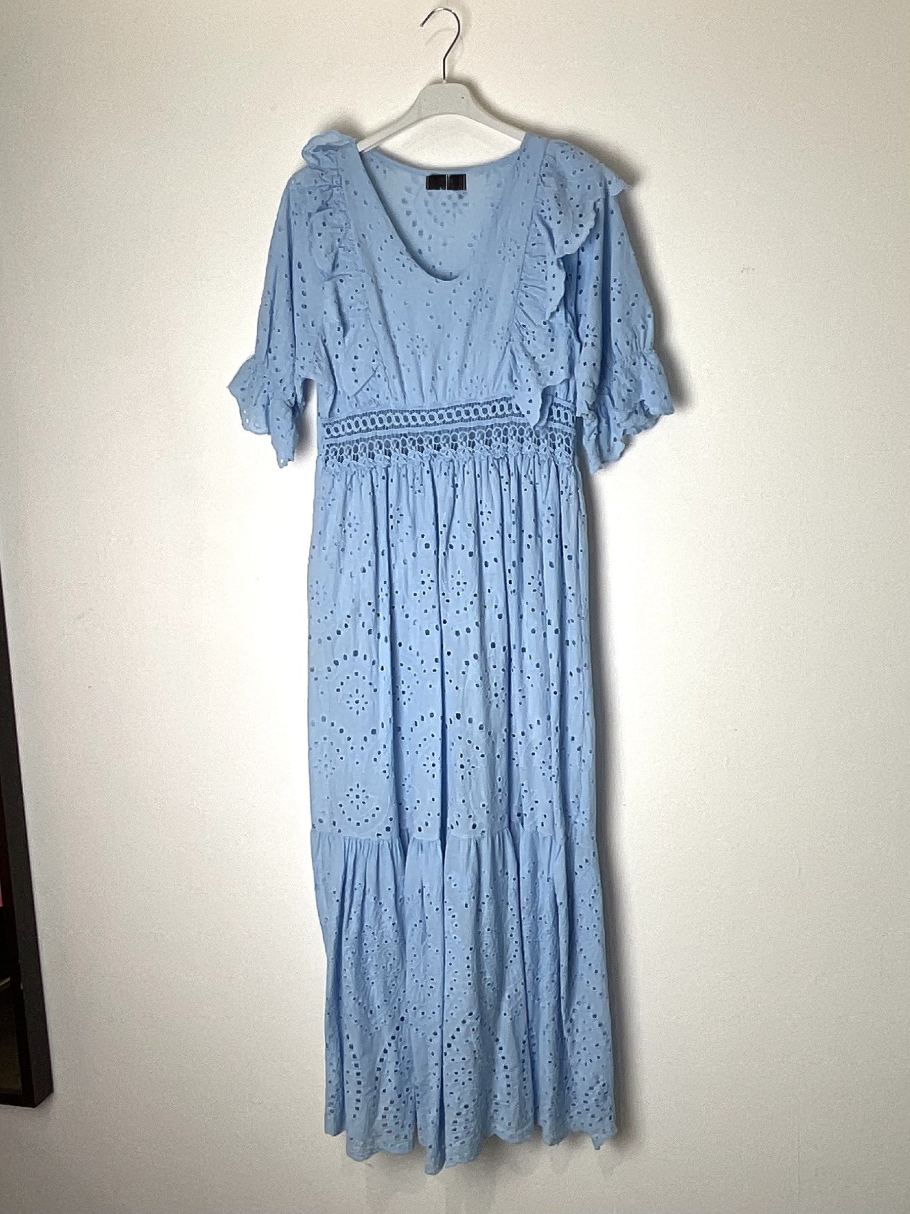 TDLED Long V-Neck Eyelet Ruffle Dress — Sky Blue