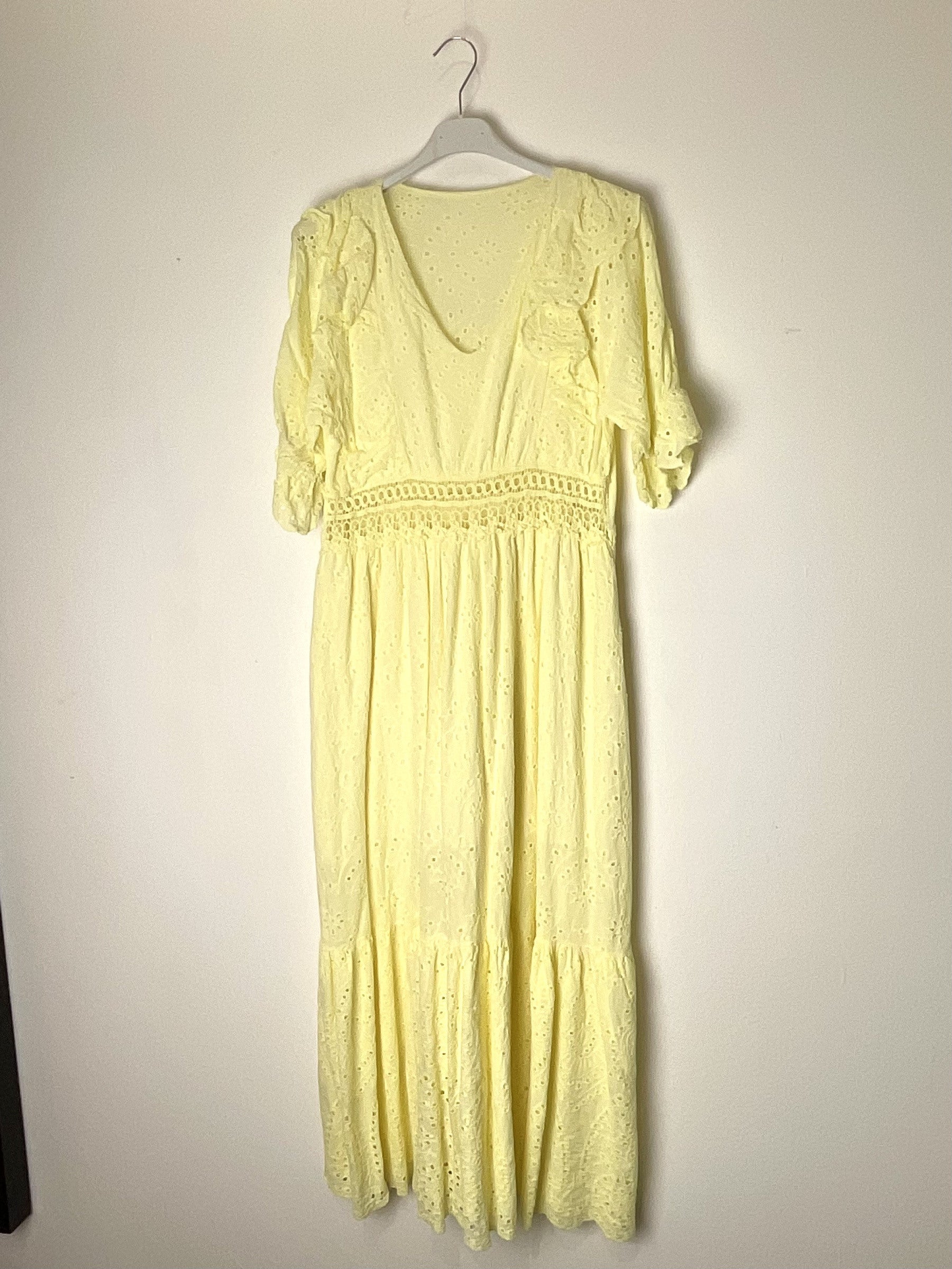 TDLED Long V-Neck Eyelet Ruffle Dress — Light Yellow