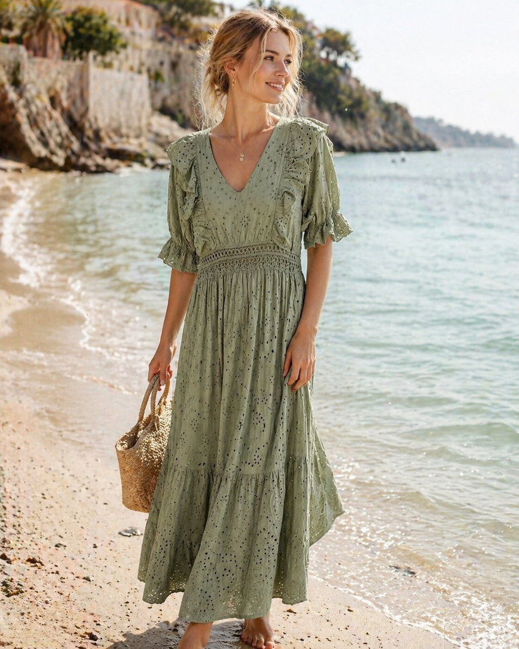 TDLED Long V-Neck Eyelet Ruffle Dress — Olive