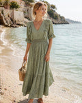 TDLED Long V-Neck Eyelet Ruffle Dress — Olive