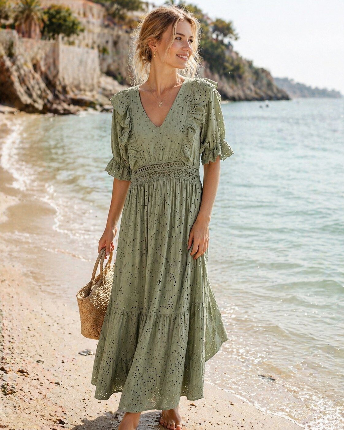 TDLED Long V-Neck Eyelet Ruffle Dress — Olive