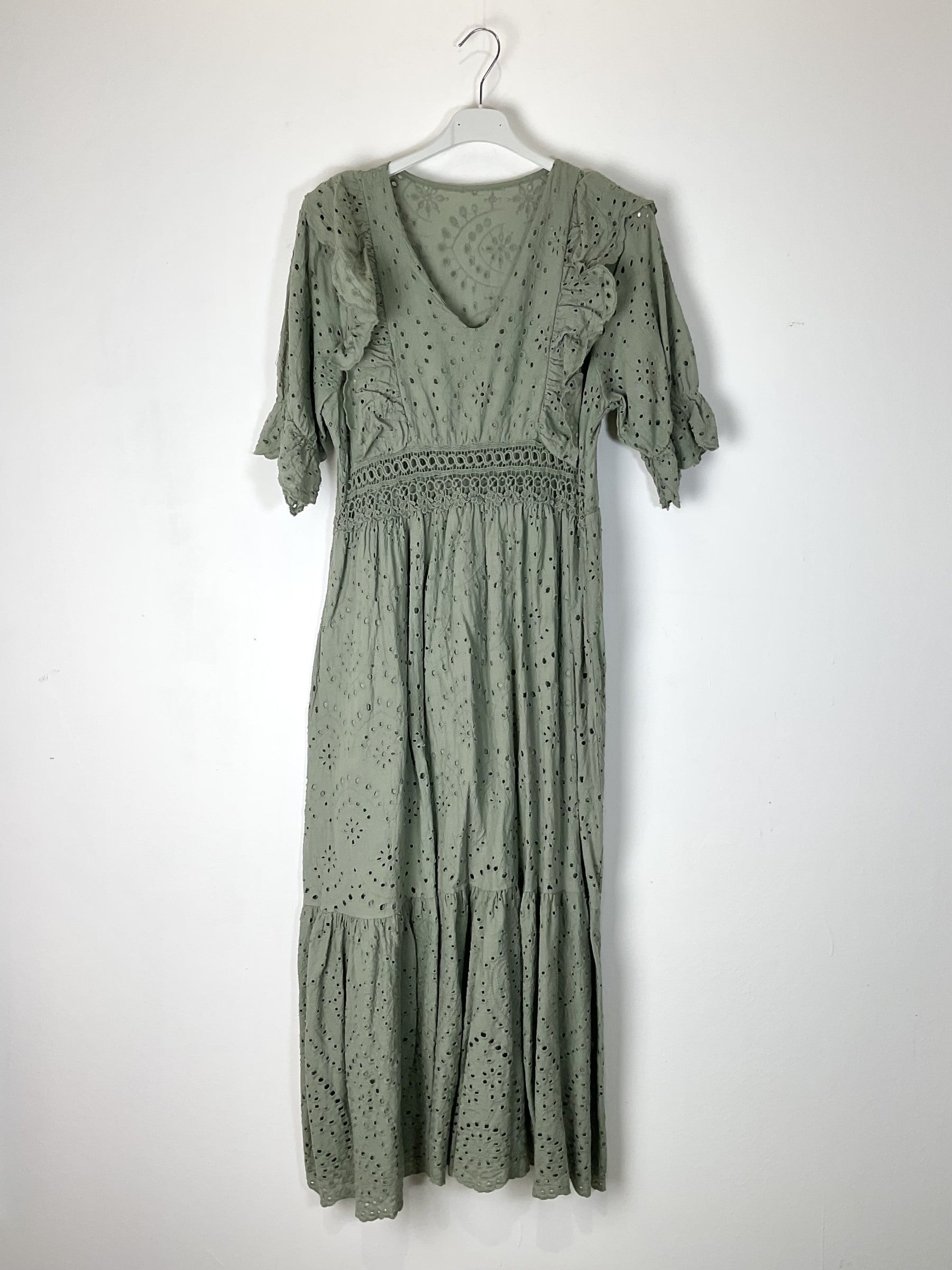 TDLED Long V-Neck Eyelet Ruffle Dress — Olive