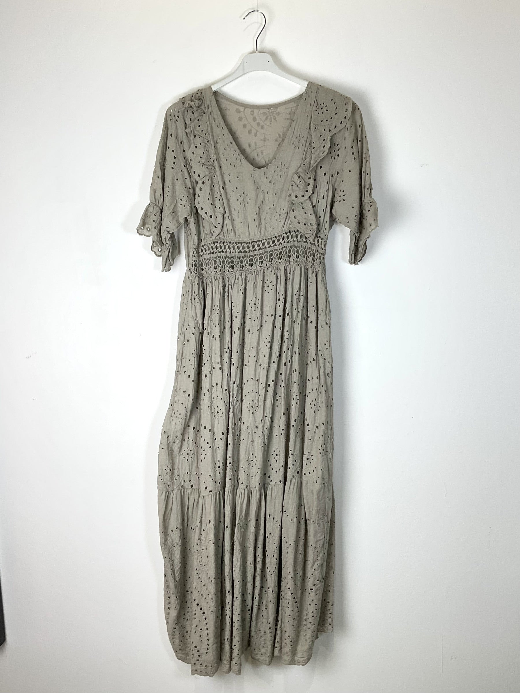 TDLED Long V-Neck Eyelet Ruffle Dress — Taupe