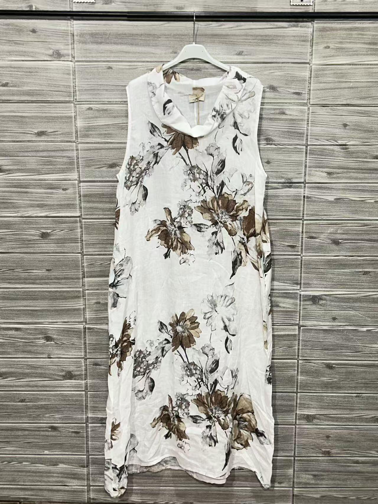ZOPLD2WH Botanical Print Linen Maxi Dress White
