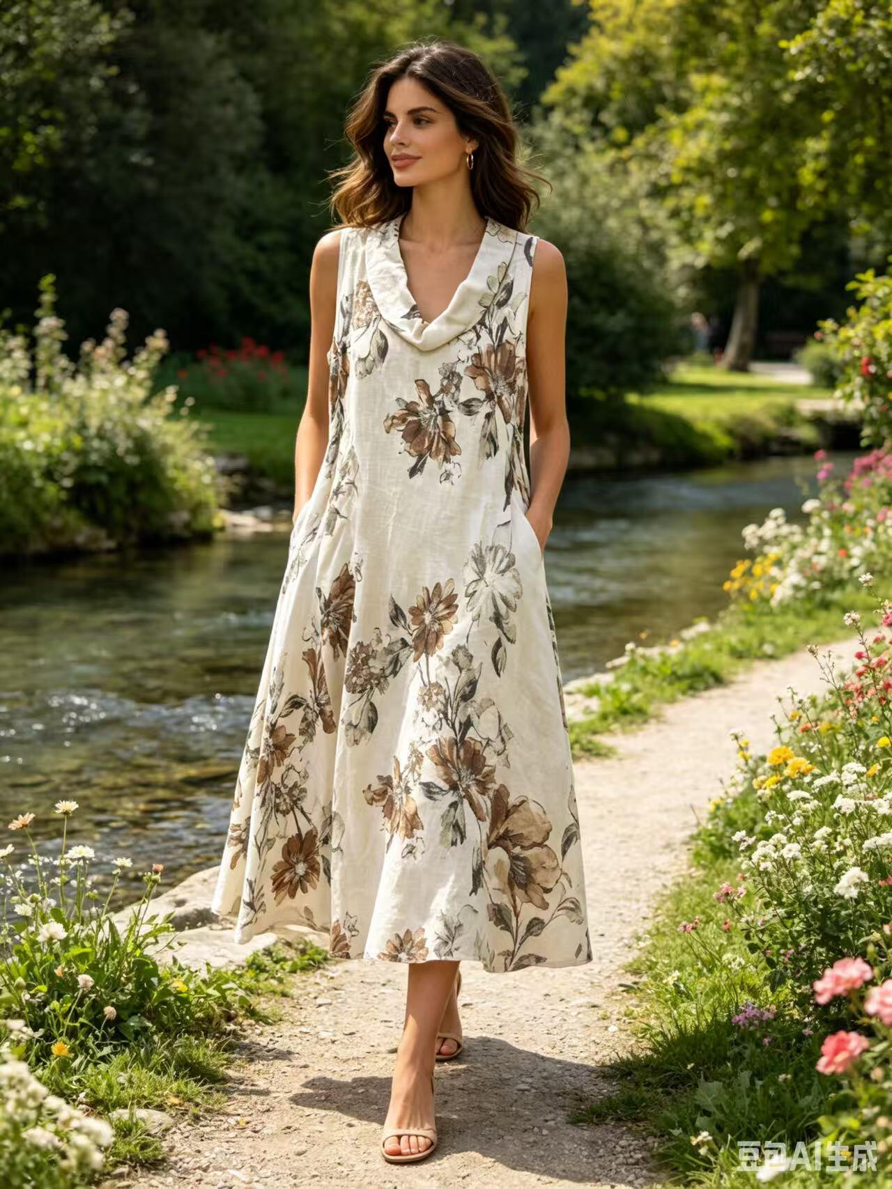 ZOPLD2EC Botanical Print Linen Maxi Dress Ecru