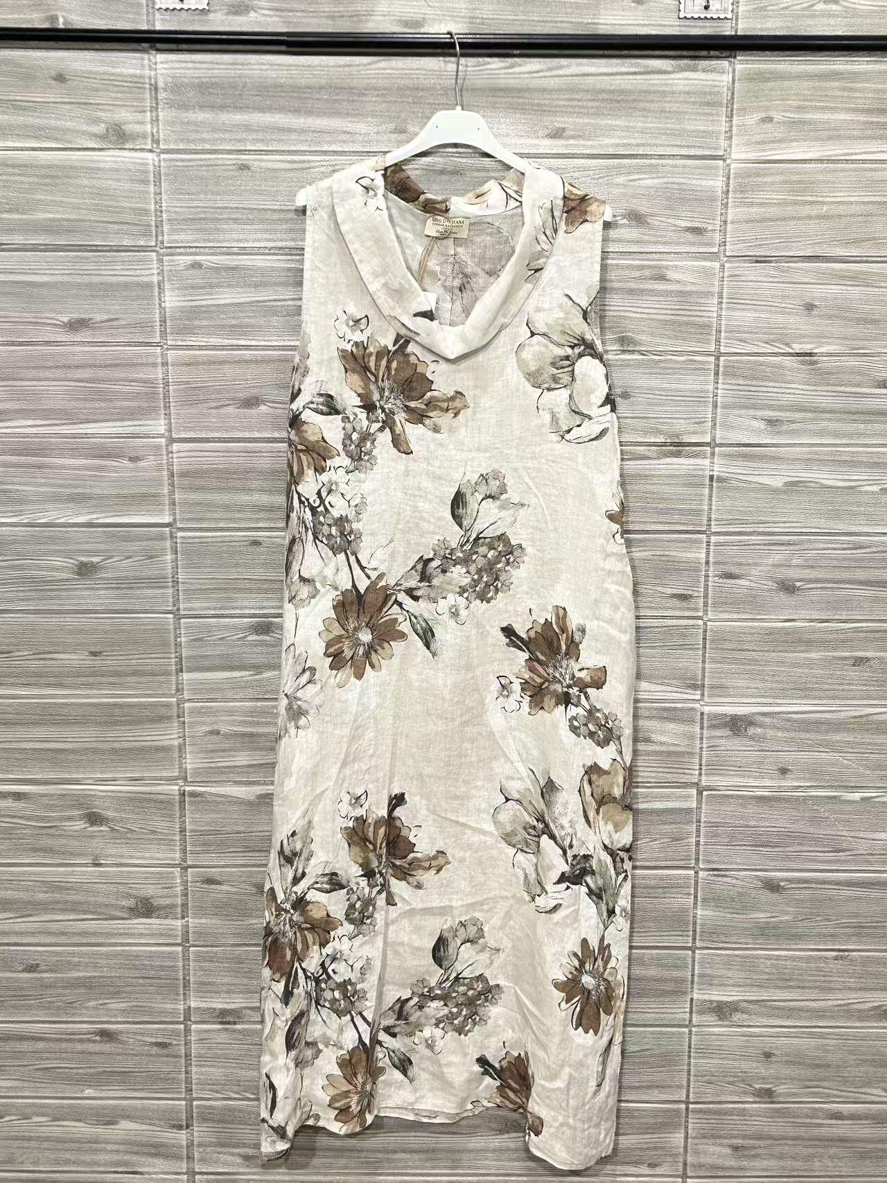 ZOPLD2EC Botanical Print Linen Maxi Dress Ecru
