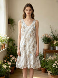 LSFRUBG Floral Ruffle Gauze Cotton Midi Dress Beige