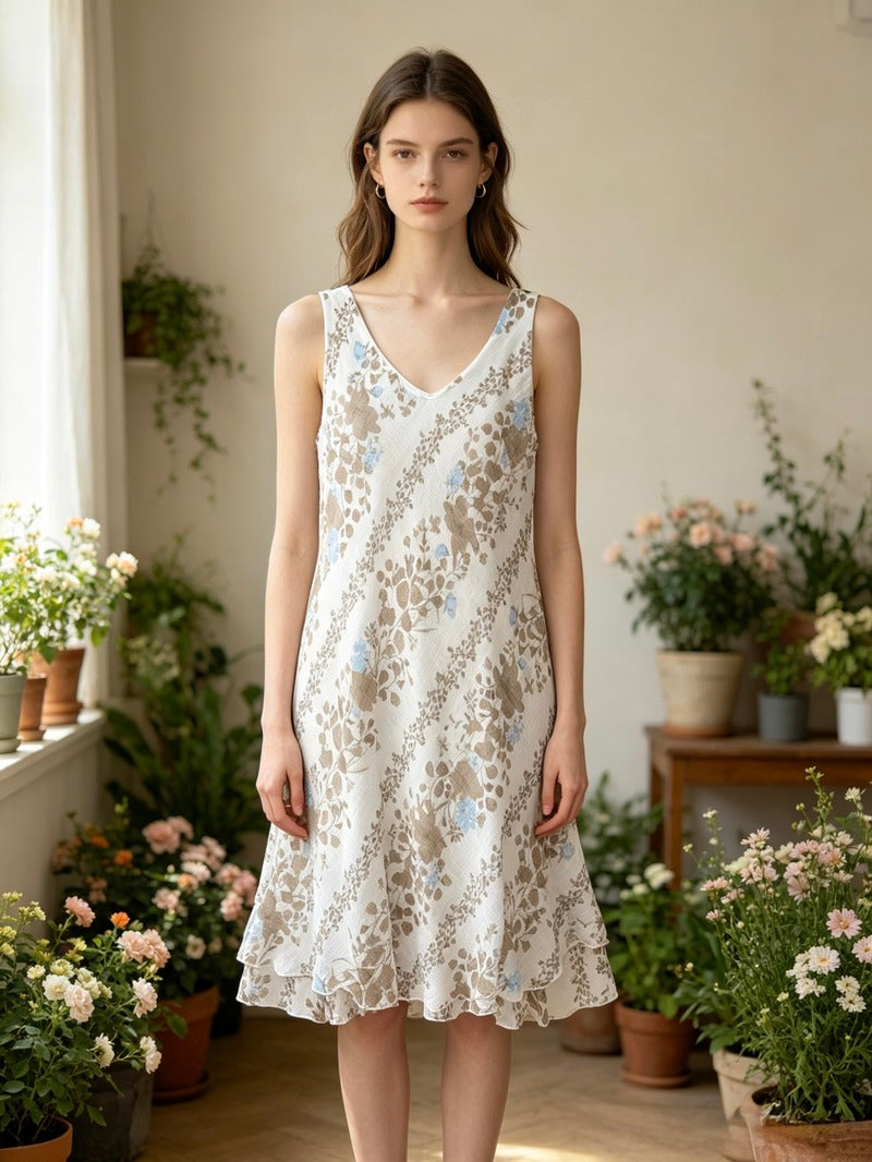 LSFRUBG Floral Ruffle Gauze Cotton Midi Dress Beige