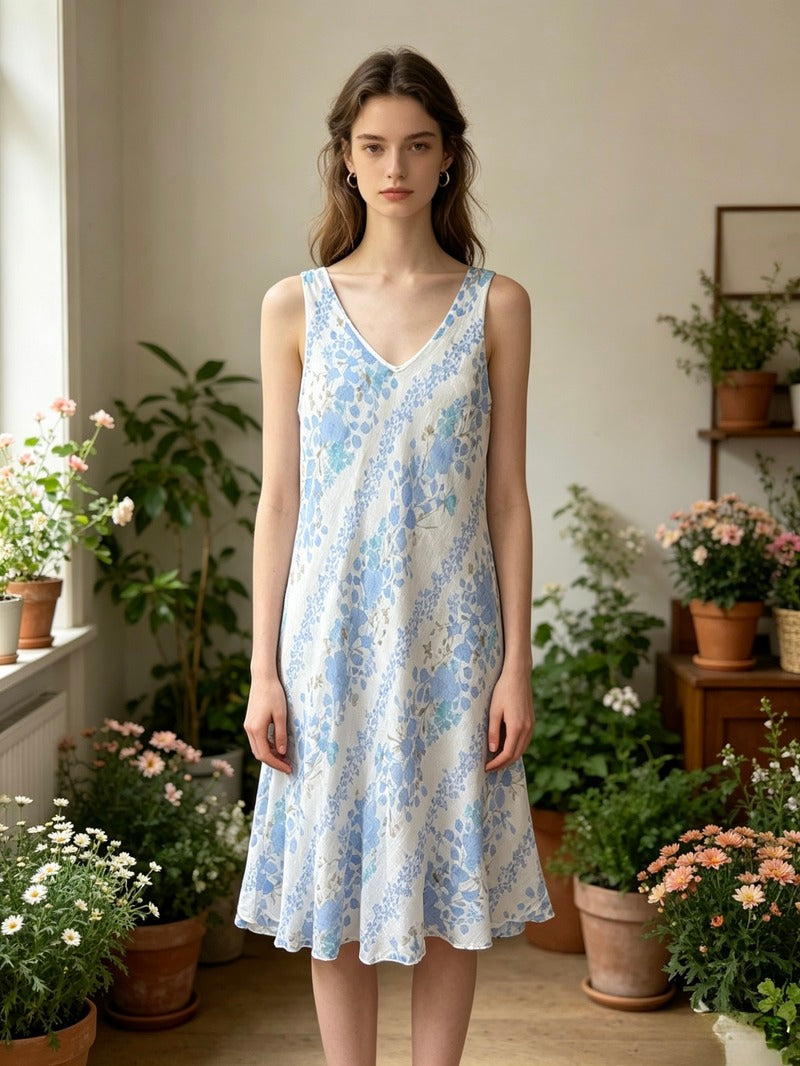 LSFRUSB Floral Ruffle Gauze Cotton Midi Dress Sky Blue