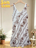 LSFRUCH Floral Ruffle Gauze Cotton Midi Dress Chocolate