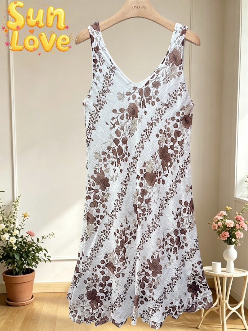 LSFRUCH Floral Ruffle Gauze Cotton Midi Dress Chocolate