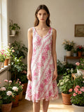 LSFRUFU Floral Ruffle Gauze Cotton Midi Dress Fuchsia