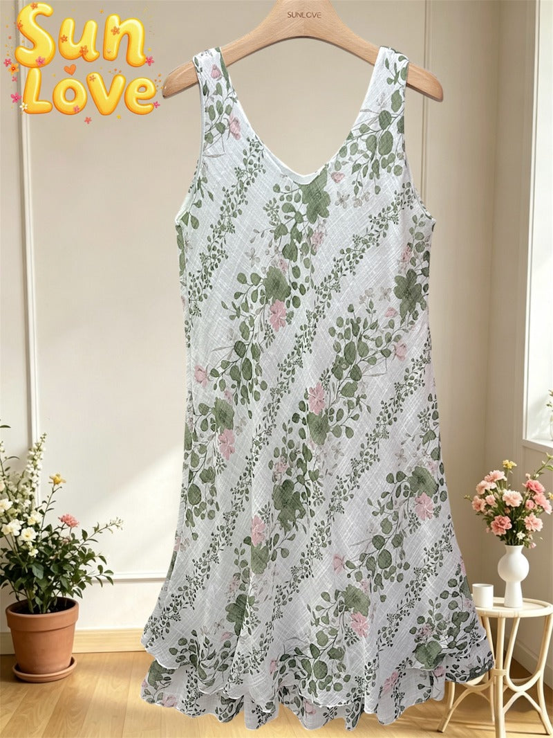 LSFRUKH Floral Ruffle Gauze Cotton Midi Dress Khaki