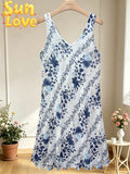 LSFRUNV Floral Ruffle Gauze Cotton Midi Dress Navy