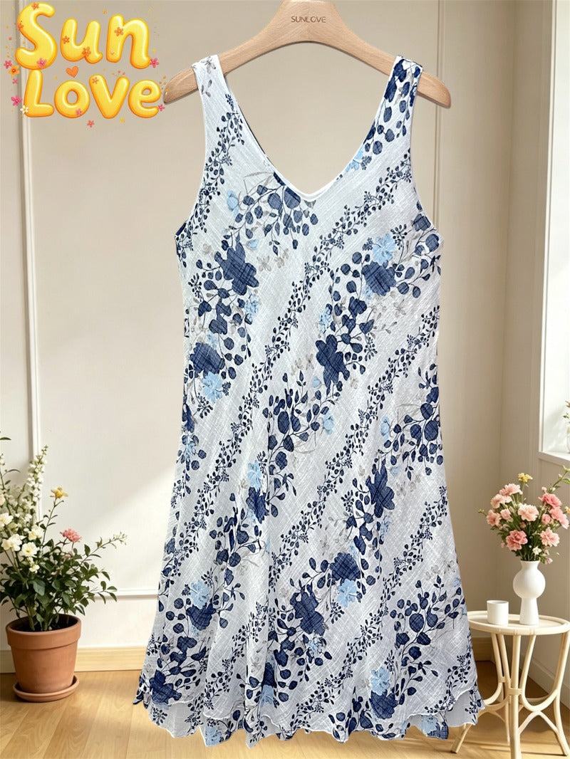 LSFRUNV Floral Ruffle Gauze Cotton Midi Dress Navy