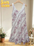 LSFRUMV Floral Ruffle Gauze Cotton Midi Dress Mauve