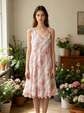 LSFRUPK Floral Ruffle Gauze Cotton Midi Dress Pink