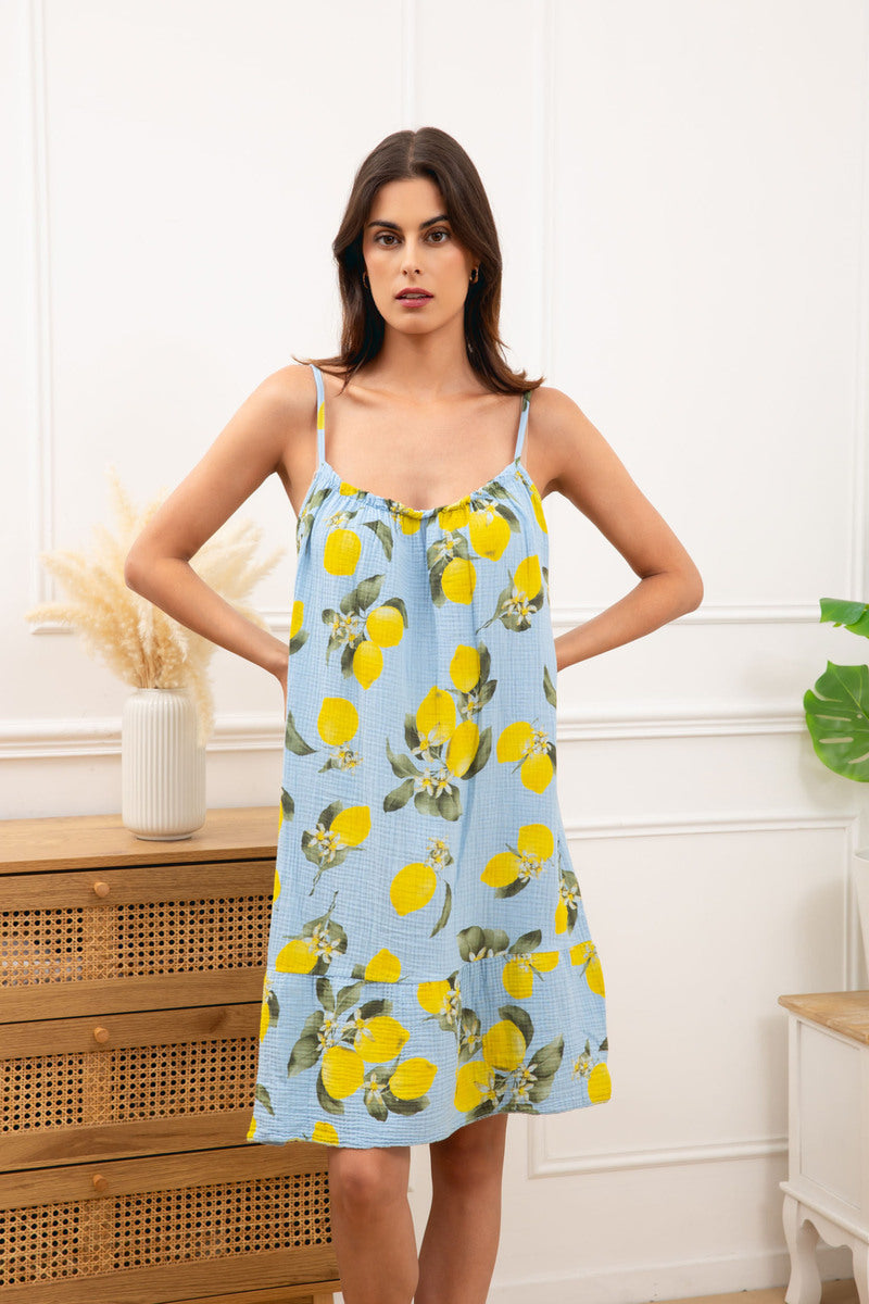 LSLEMSB Lemon Print Gauze Cotton Midi Dress Sky Blue