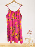 LSLEMFU Lemon Print Gauze Cotton Midi Dress Fuchsia