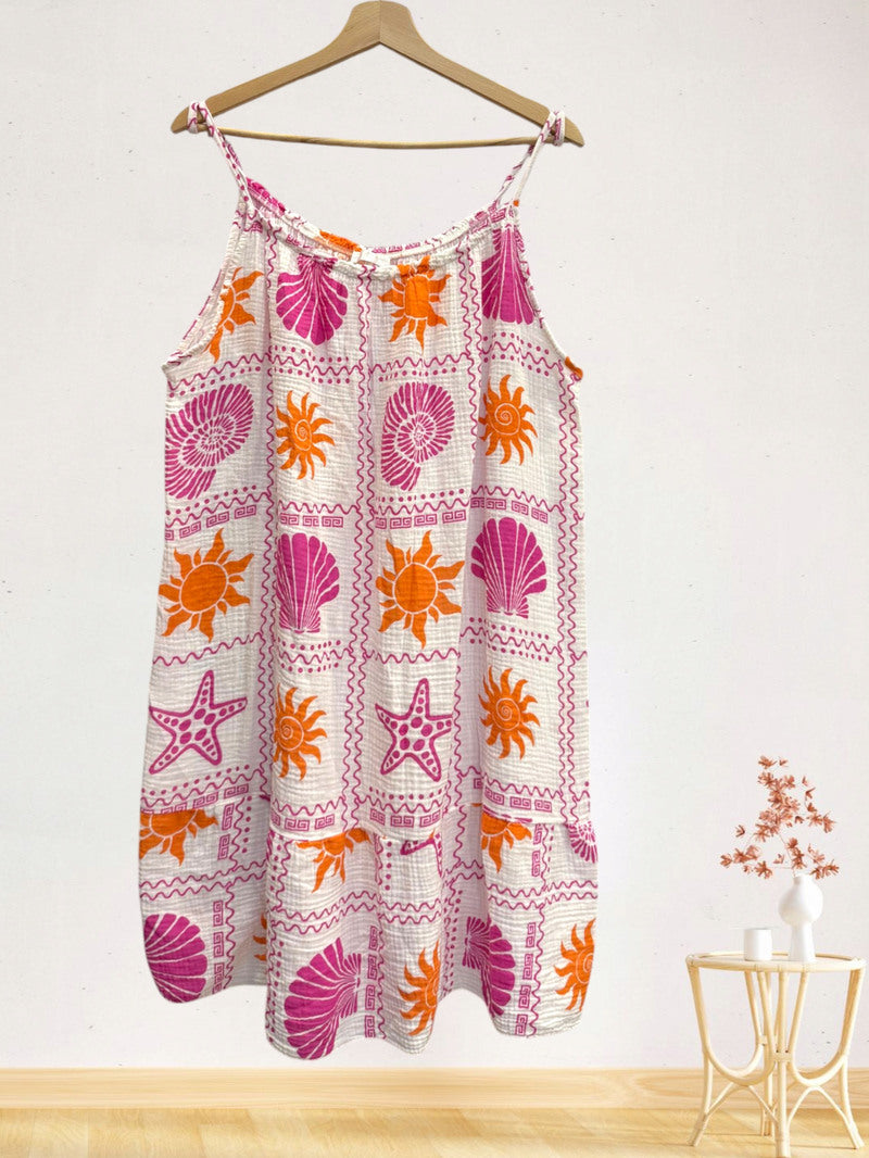 LSMARFU Marine Print Gauze Cotton Midi Dress Fuchsia