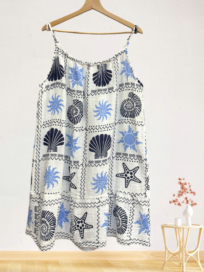 LSMARNV Marine Print Gauze Cotton Midi Dress Navy