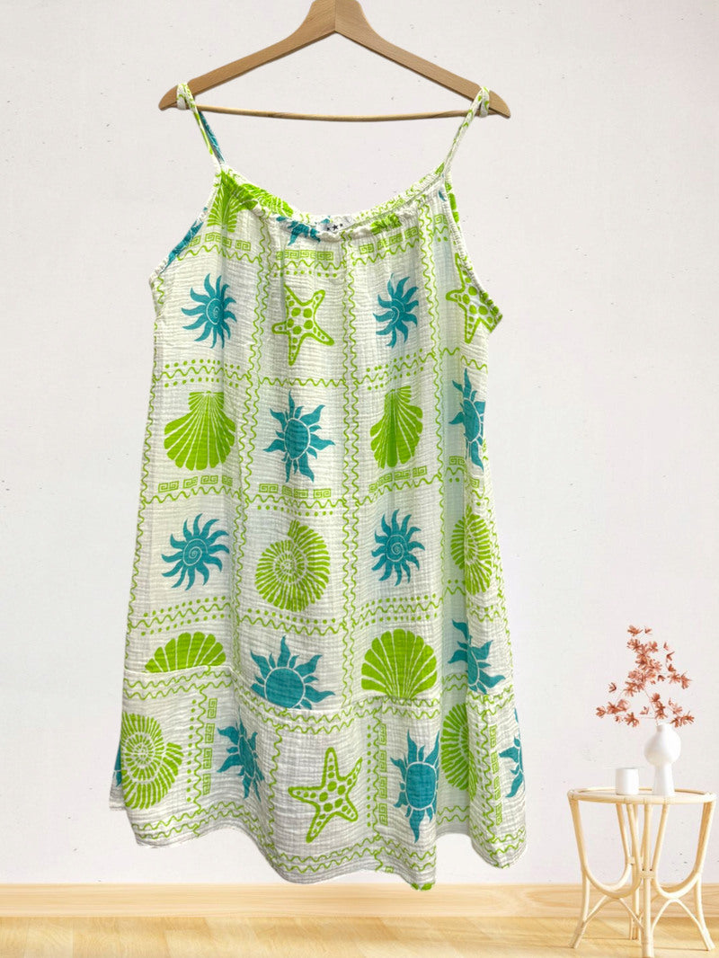 LSMARAP Marine Print Gauze Cotton Midi Dress Apple Green